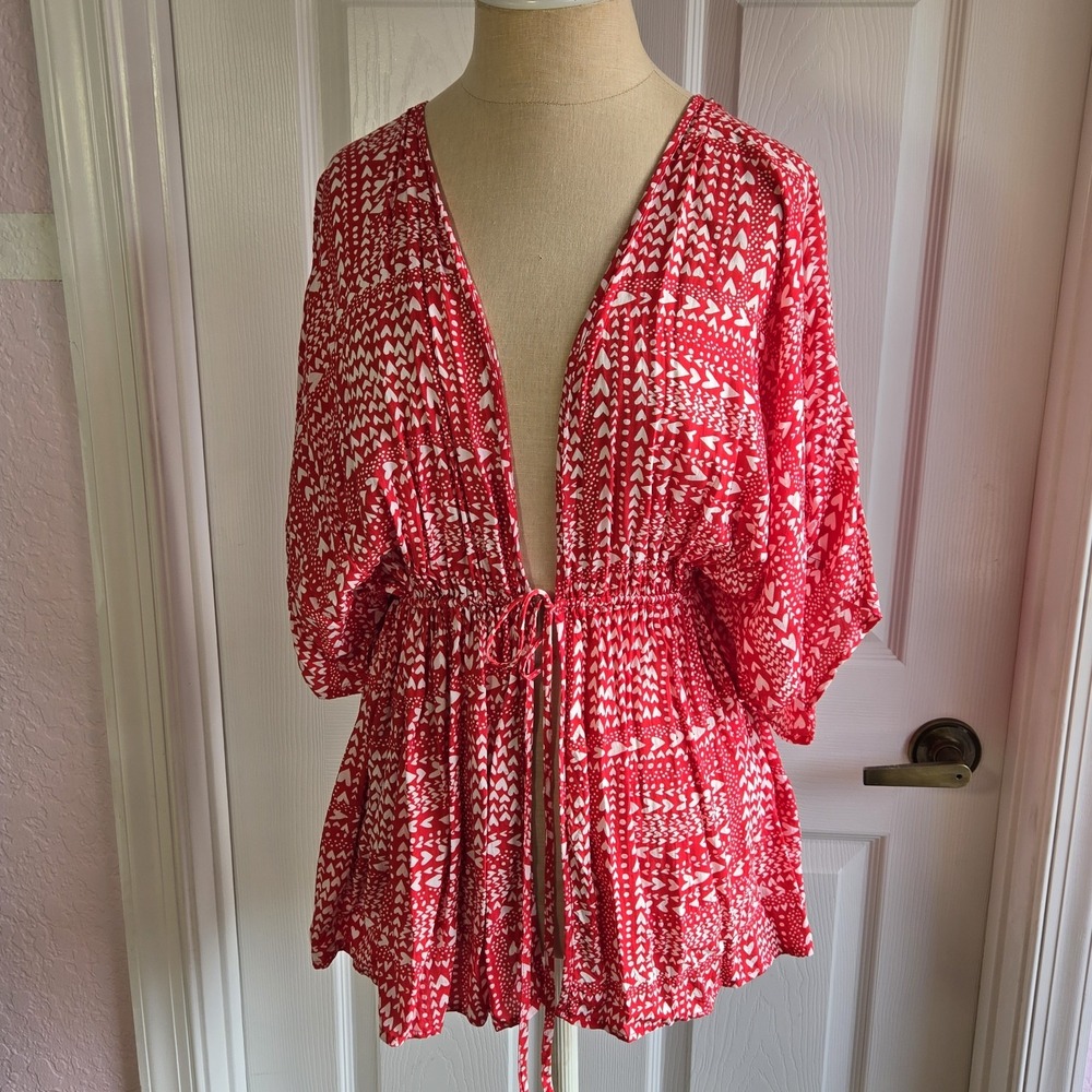 Victoria's Secret Short Red Tie Front Kimono‎ Robe Heart Print One Size Lingerie